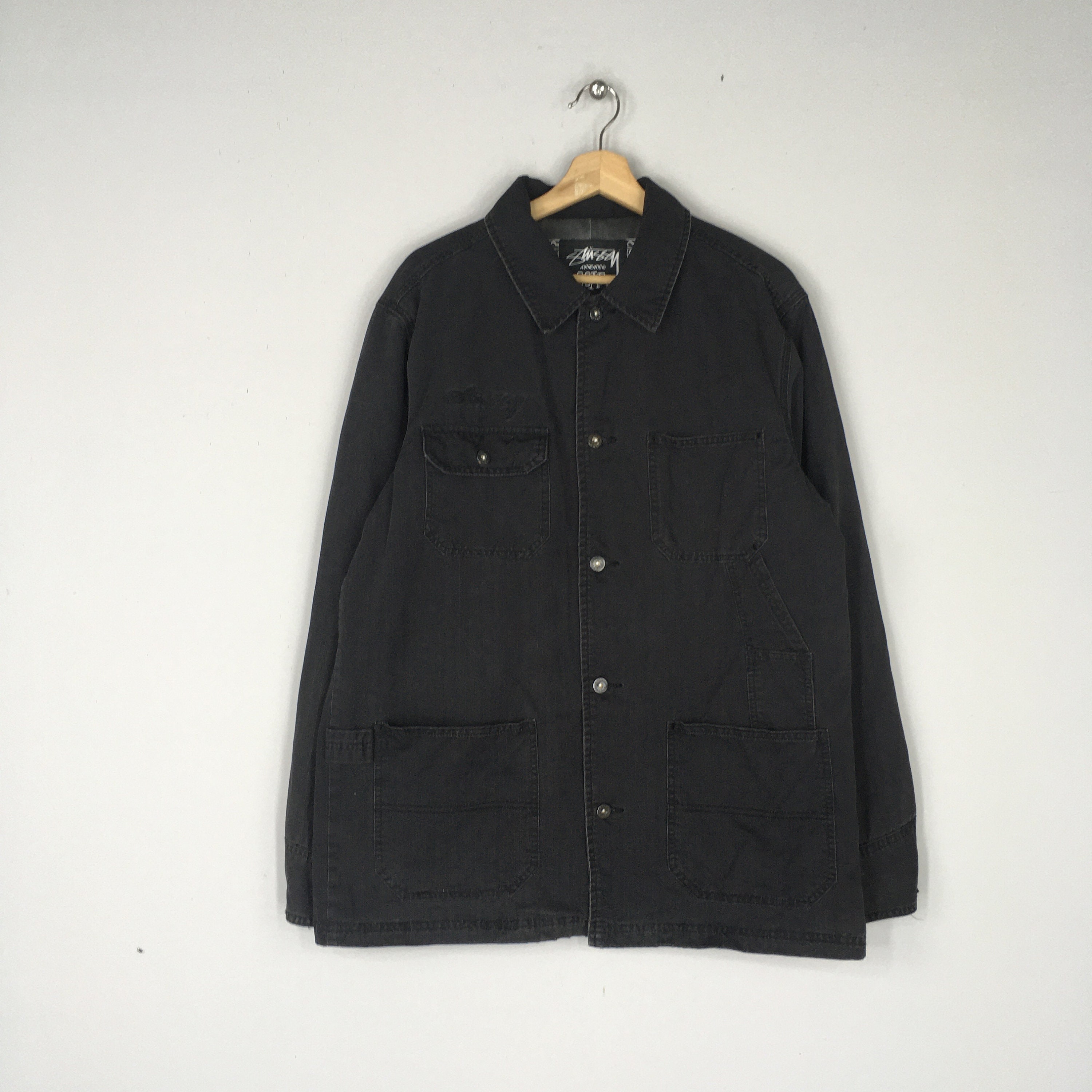 Vintage STUSSY Black Denim Chore Jacket Button Up Stussy Workwear ...