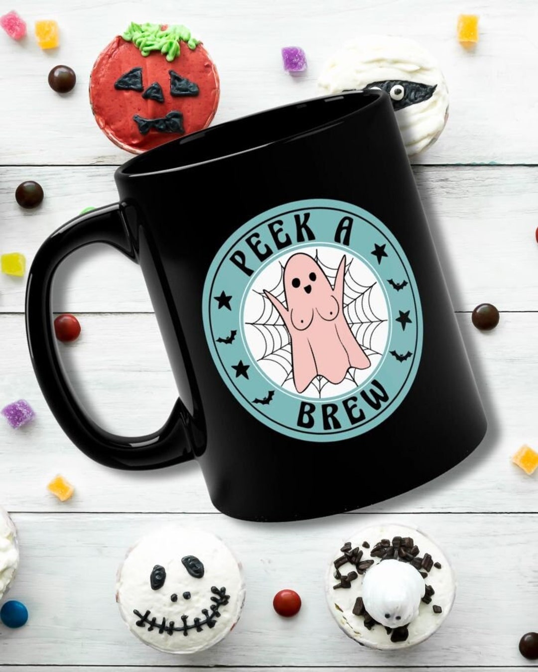 Ghost Peek a Brew Coffee Mug - Halloween Spooky Ghouls Boobs 11oz Black ...