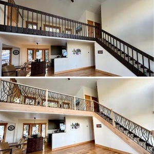 May include: Two-story interior with a wooden staircase and a loft area. The railing on the staircase and loft features a unique branch-like design. The space has hardwood floors, neutral-colored walls, and large windows that let in natural light.