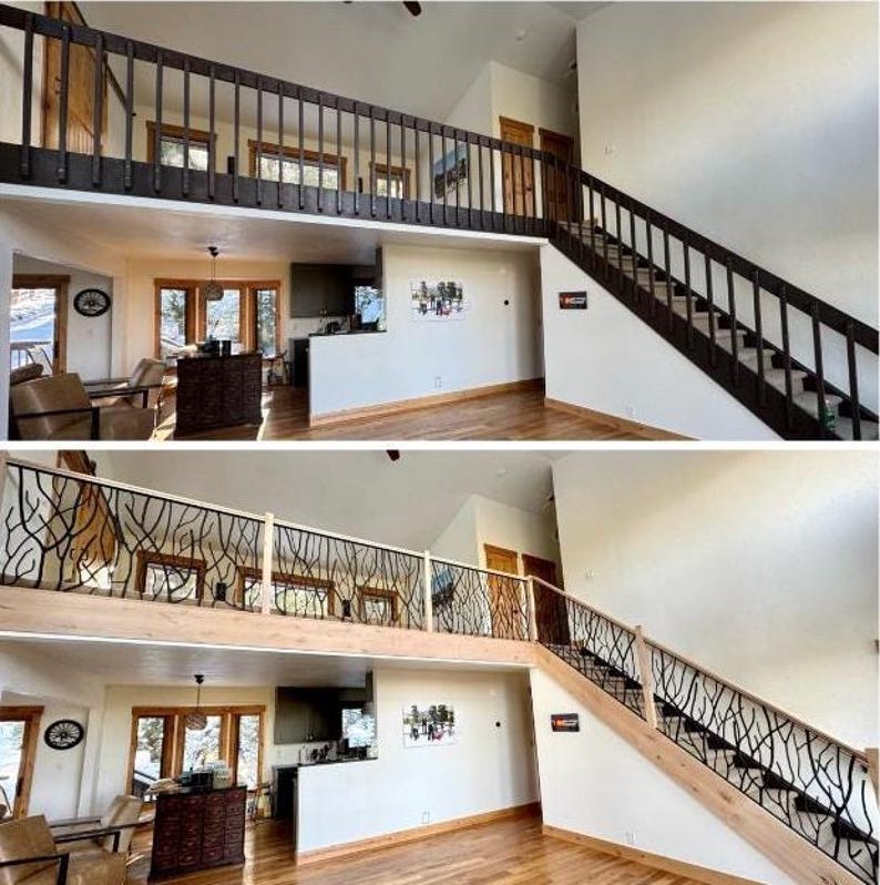 May include: Two-story interior with a wooden staircase and a loft area. The railing on the staircase and loft features a unique branch-like design. The space has hardwood floors, neutral-colored walls, and large windows that let in natural light.