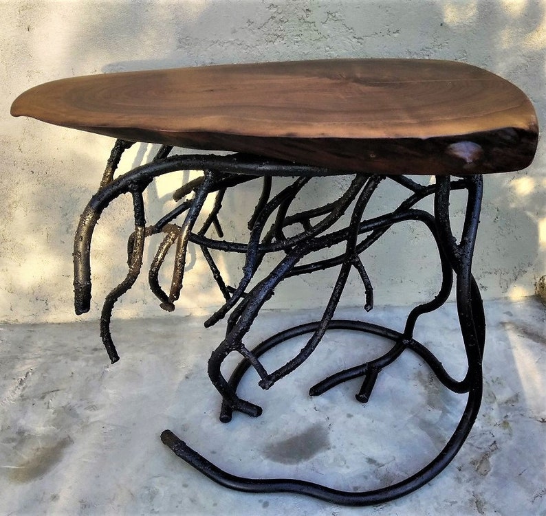 Forged Root Metal Table Base And Live Edge Black Walnut Wood Image 0