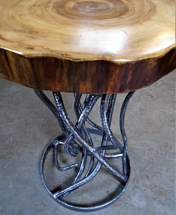 Climbing Vines Forged Metal Table Base With Live Edge Wood Tops End Side Coffee Or Bar Stools