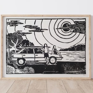 Living the dream, Lino Print, surf art, ocean art, art print, Ink, lino cutting, car, old school, block print, waves, beach, surfing, coast image 1