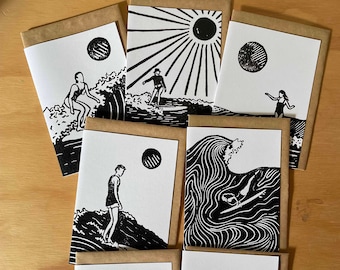 Surfer Greeting Cards - Surf Lino Art