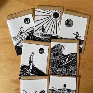 Juego de 7 tarjetas de felicitación Surfer - Surf Lino Art