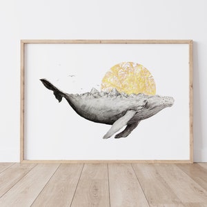 Whale Illustration Print, gift, Fine art print, Ahki, illustration, drawing, nature, pencil, animal print, sea creature art, greylead art