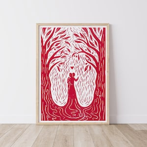 Lino Lovers, Lino Print, art print, Ink, lino cutting, block print, trees, bush, love, lovers, wedding, romance, heart, dance, gumtrees, red