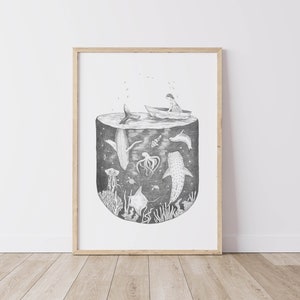 Under the Sea, Fine art print, illustration, pencil, drawing, ocean, boat, sea animals, magical, nursery art, whale, shark, coral, wall art image 1