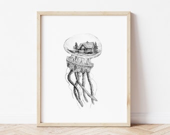 Illustration print, Christmas gift, Xmas gift, Jellyfish, Fine art print, wall art, nature,  house,  sea creature, surreal, drawing, nursery