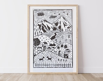 Lino Print, brown, village, town, fine art, illustration, ink, lino cutting, wall art, block print, christmas gift, landscape, mountains