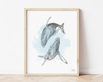 Blue Whales Print, Whale Art, Nursery whale art, Animal Art, Whales drawing, Illustration Print, digital download, nature, digital file