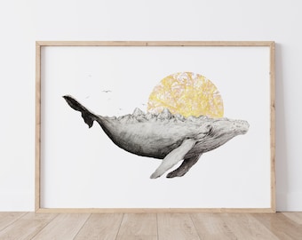 Whale Illustration Print, gift, Fine art print, Ahki, illustration, drawing, nature, pencil, animal print, sea creature art, greylead art