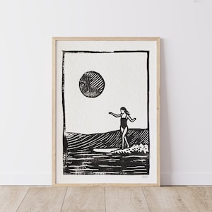 Surfer Girl III, Lino Print, surf art, ocean art, art print, Ink, lino cutting, wall art, block print, waves, beach, surfing, long boarding