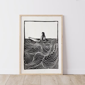Surfer Girl II, Lino Print, surf art, ocean art, art print, Ink, lino cutting, wall art, block print, waves, beach, surfing, long boarding