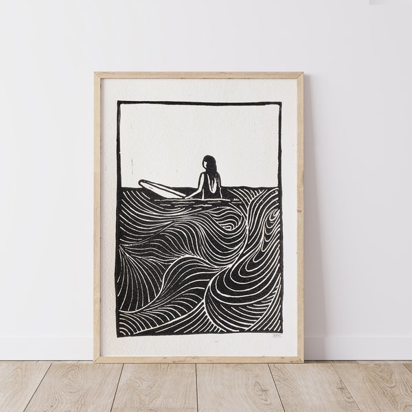 Surfer Girl II, Lino Print, surf art, ocean art, art print, Ink, lino cutting, wall art, block print, waves, beach, surfing, long boarding