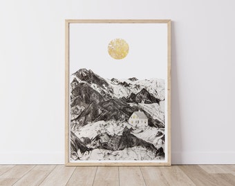 Illustration Print - Home in the Mountains - Fine art print, illustration, pencil, wall art, moon, drawing, house, building, hills, greylead