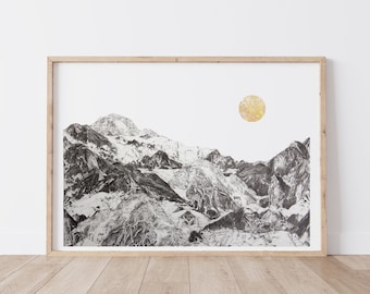 Illustration Print - Mountains - christmas gift - xmas gift - Fine art print, illustration, pencil, wall art, moon, birthday gift, drawing
