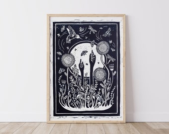 Lino Print, blue, fine art, illustration, ink, lino cutting, wall art, block print, christmas gift, nature, insects, birds, flowers, hand
