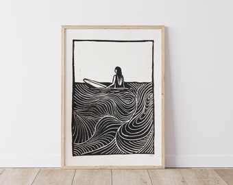 Surfer Girl II, Lino Print, surf art, ocean art, art print, Ink, lino cutting, wall art, block print, waves, beach, surfing, long boarding