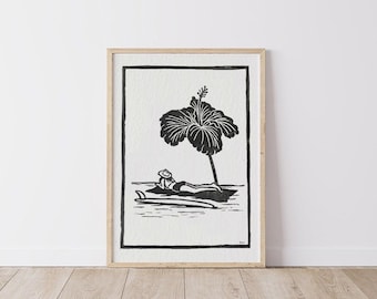 May include: Black and white illustration of a person laying on a surfboard under a large hibiscus flower.