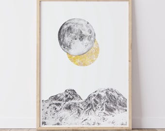 山にかかる月 鉛筆画：白黒の夜空 - ジクレー版画 - Etsy 日本