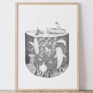 Under the Sea, Fine art print, illustration, pencil, drawing, ocean, boat, sea animals, magical, nursery art, whale, shark, coral, wall art image 3