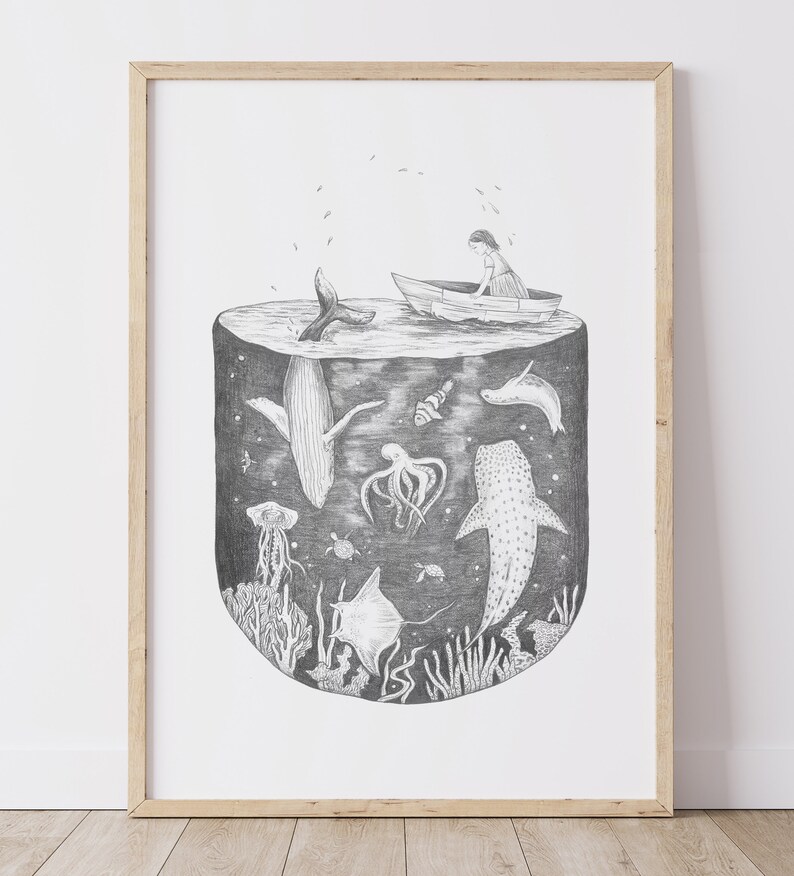 Under the Sea, Fine art print, illustration, pencil, drawing, ocean, boat, sea animals, magical, nursery art, whale, shark, coral, wall art image 3