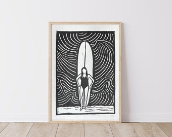 Girl and Surfboard, Lino Print, surf art, ocean art, art print, Ink, lino cutting, block print, waves, beach, surfing, long boarding