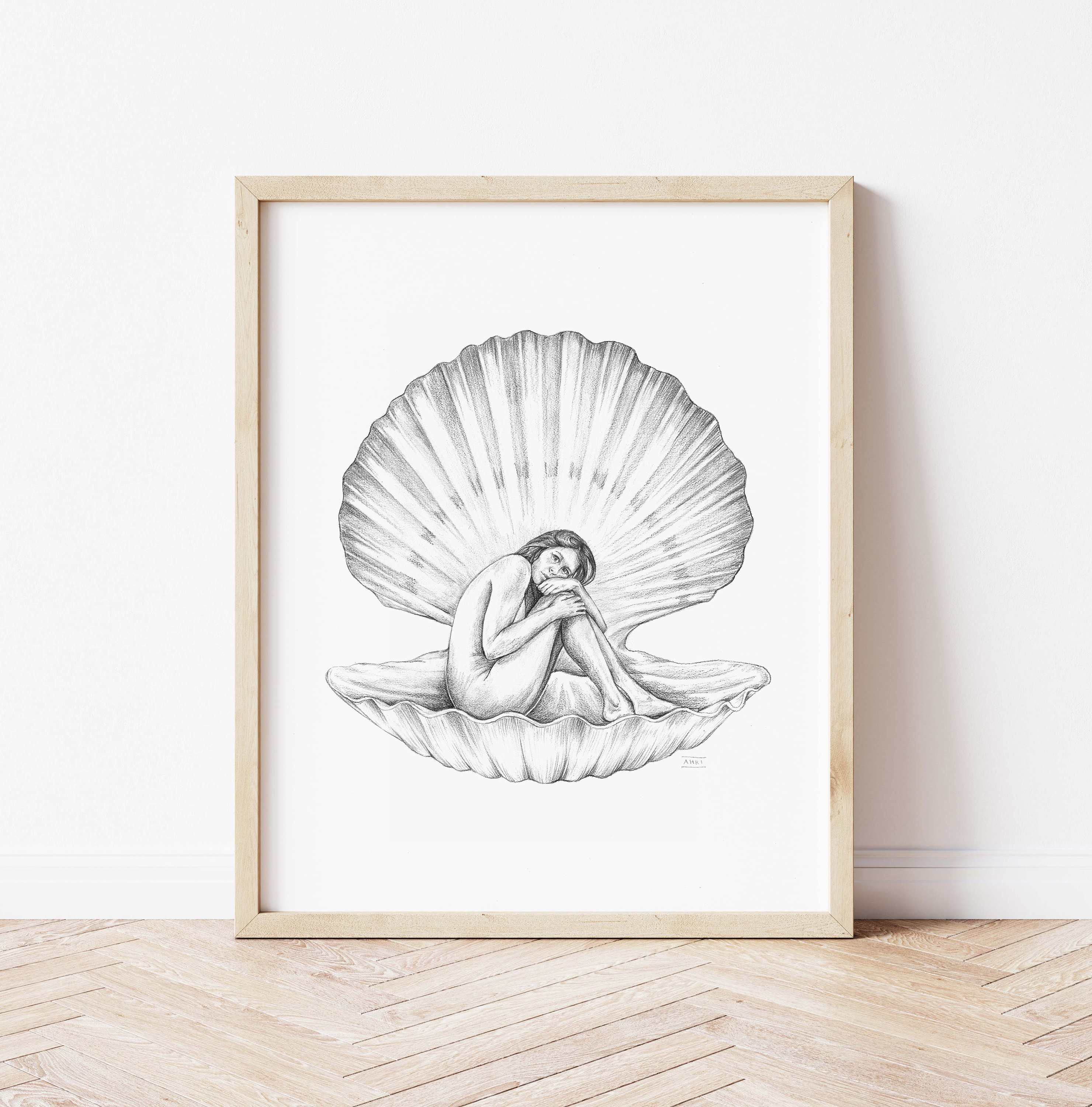 Clam Shell Girl Fine Art Print Graphite Illustration pic photo