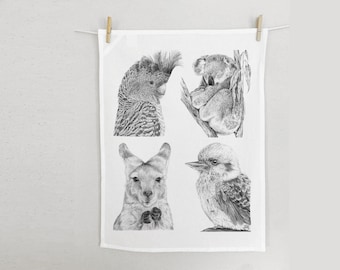 Tea Towel Australian Animals Organic Cotton