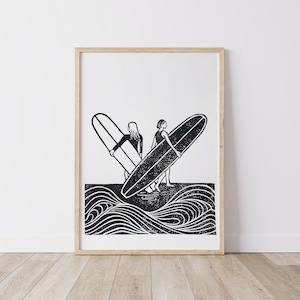Longboard Waves, Lino Print, surf art, ocean art, surfboard, Ink, lino cutting, surfer girl, block print, wave, beach, surfing, coast
