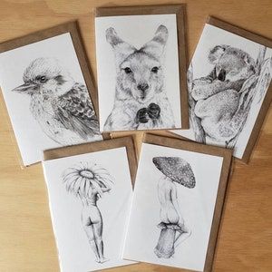 Cartes de voeux illustrées - Animaux d'Australie, femmes plantes