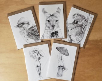 Illustrated Greeting Cards - Australian Animals, Plant Women