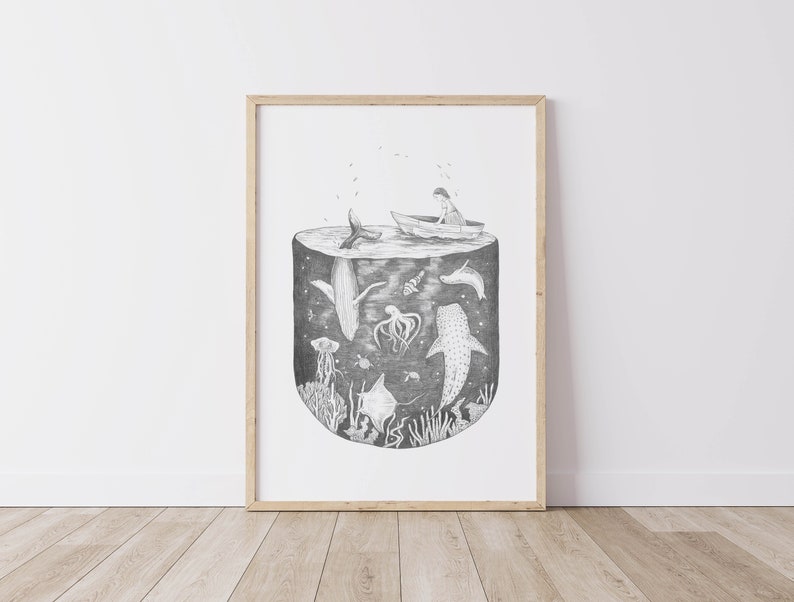 Under the Sea, Fine art print, illustration, pencil, drawing, ocean, boat, sea animals, magical, nursery art, whale, shark, coral, wall art image 1