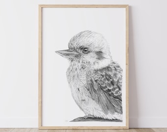 Impresión artística de Kookaburra, dibujo de animal australiano gris plomo, arte de pared, linda decoración para habitación infantil, pájaros, regalo