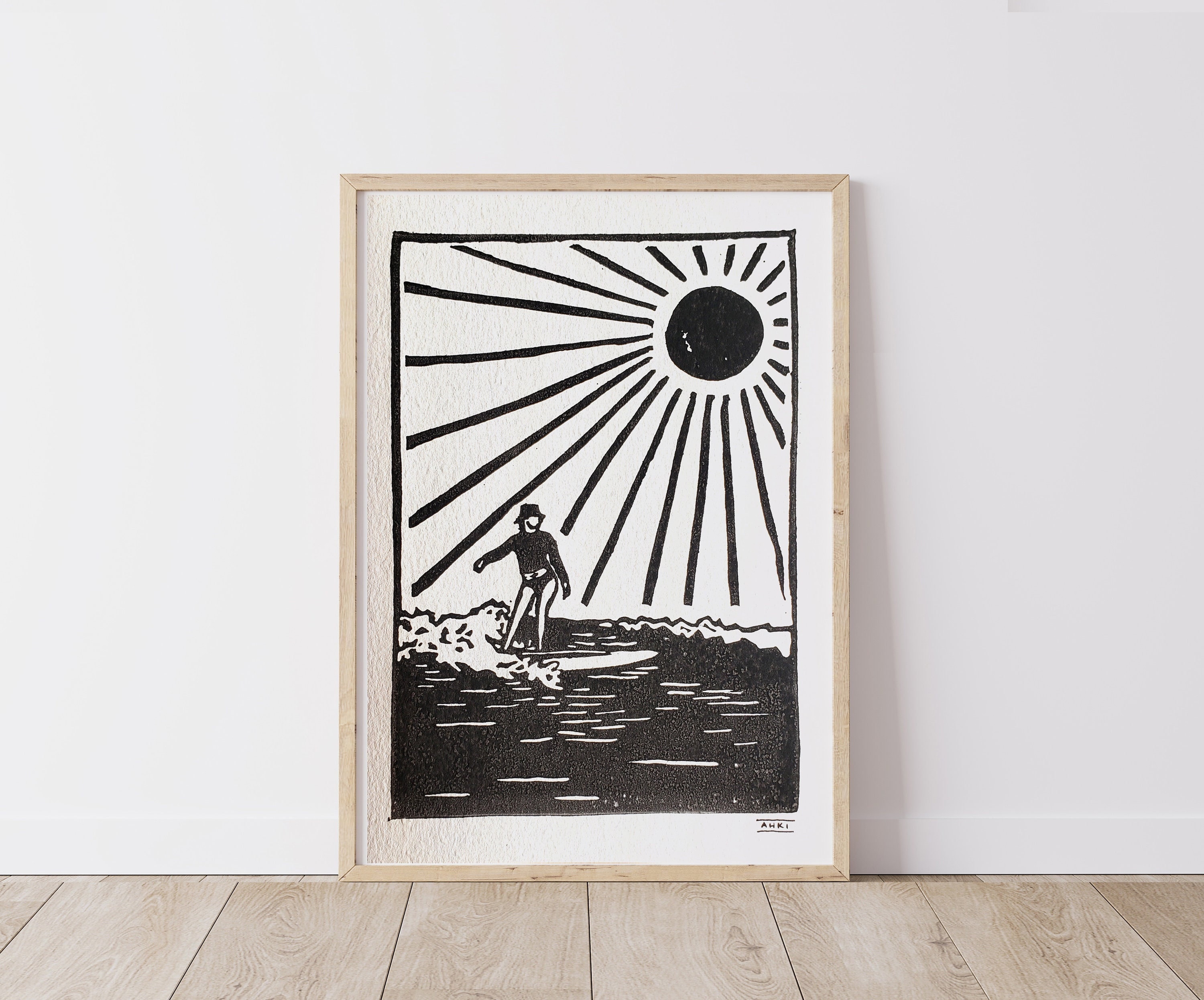 Surfer Girl I, Lino Print, Surf Art, Ocean Art, Art Print, Ink