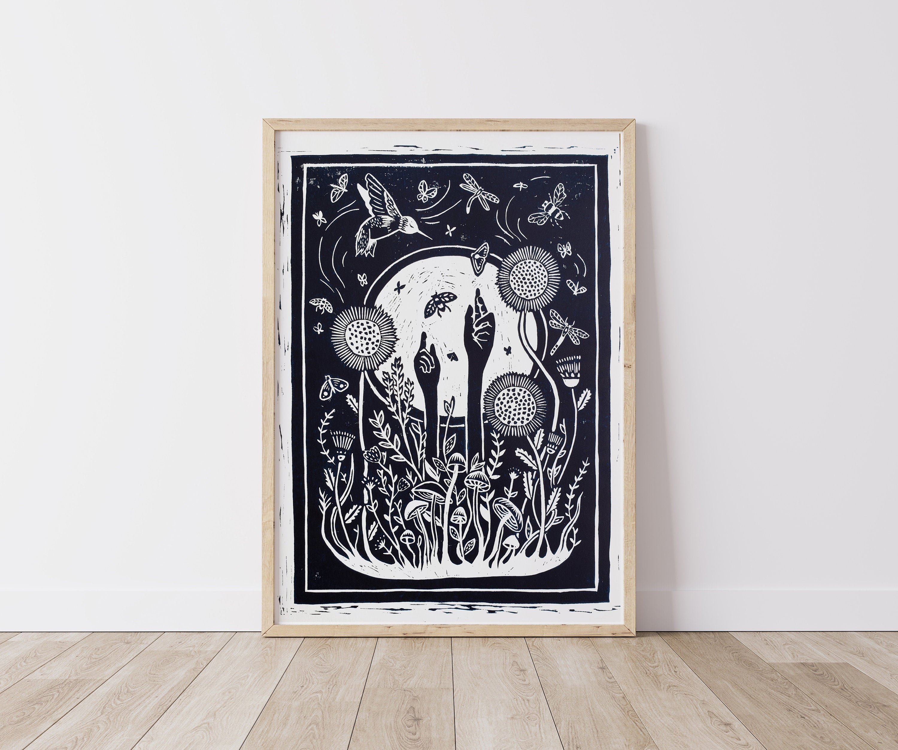 Lino Print blue fine art illustration ink lino cutting Etsy