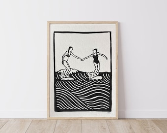 Party Wave, Surfer Girls, Lino Print, surfkunst, oceaankunst, kunstprint, Inkt, linosnijden, blokprint, golven, strand, surfen, lang boarden