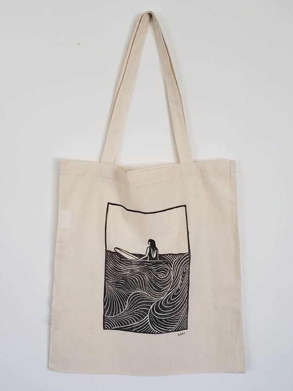 Surfer Girl Tote Bag Lino Print Surf Art Ocean Art Ink Lino
