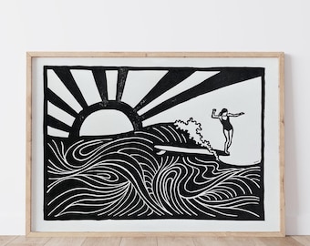 Noserider, Lino Print, surf art, ocean art, art print, Ink, lino cutting, hang ten, hang five, block print, waves, beach, surfing, coast