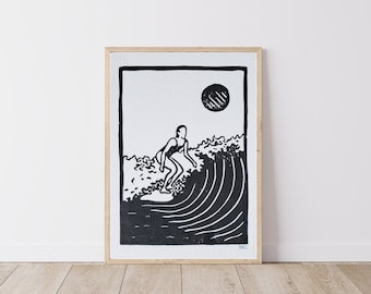 Surfer Girl 4, Lino Print, surf art, ocean art, art print, Ink, lino cutting, wall art, block print, waves, beach, surfing, long boarding