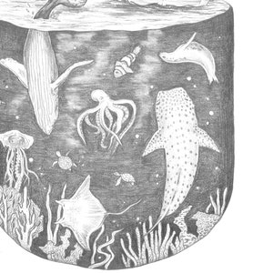Under the Sea, Fine art print, illustration, pencil, drawing, ocean, boat, sea animals, magical, nursery art, whale, shark, coral, wall art image 2