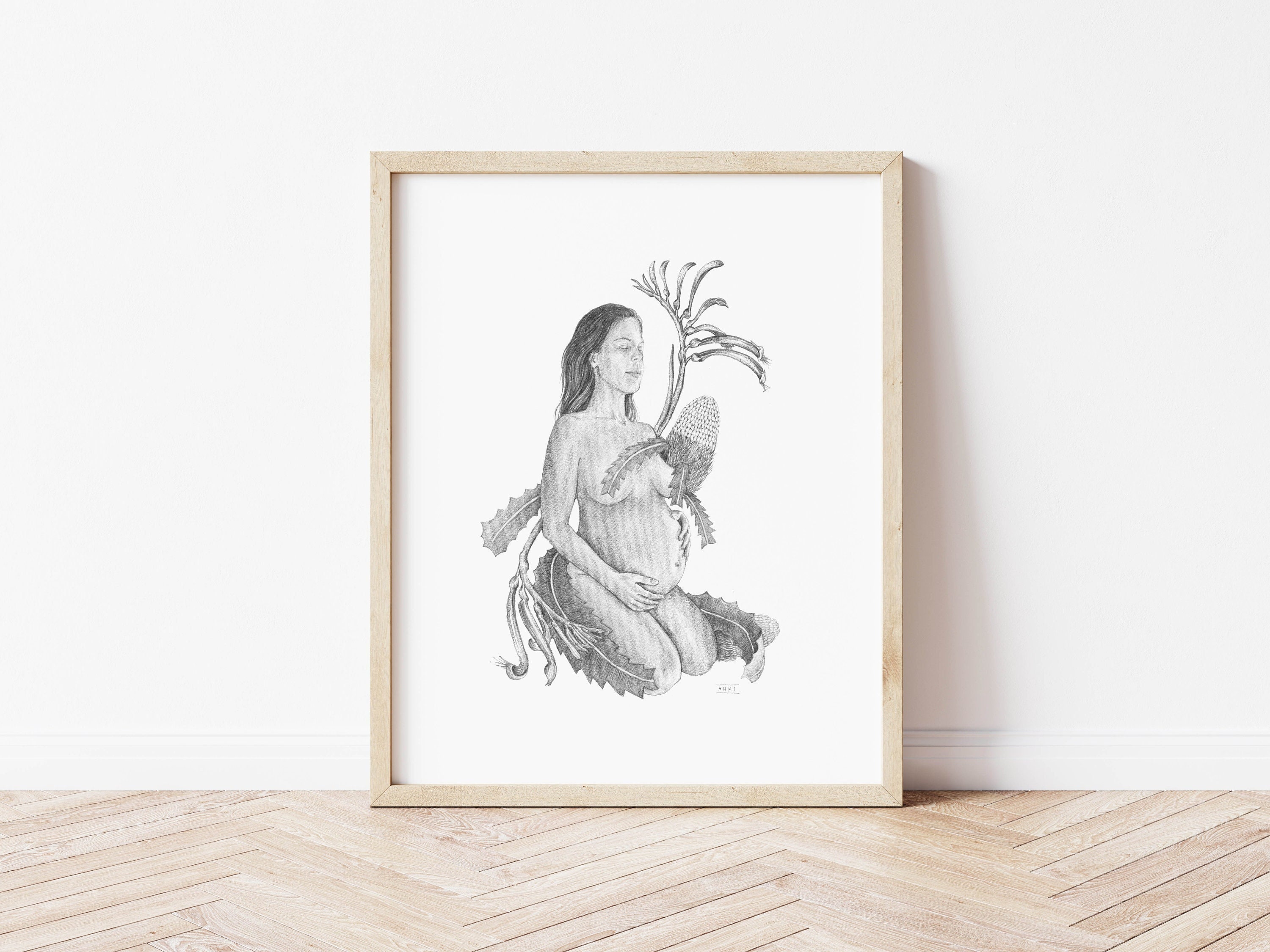 Birth, Fine art print, graphite, illustration, woman, female, nude, natives, greylead, native flowers, pregnant, pregnancy, mother, plants