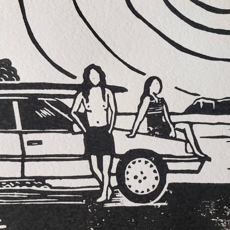 Living the dream, Lino Print, surf art, ocean art, art print, Ink, lino cutting, car, old school, block print, waves, beach, surfing, coast image 3