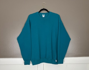 Vintage Solid Blank Sweatshirt, 1990s Prospirit, Teal Pullover Crewneck, Size Extra Large (XL)