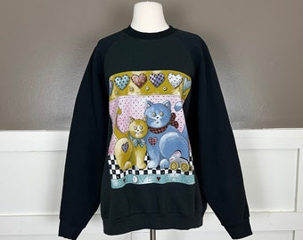 Cat Lovers Sweatshirt, Vintage 1990s Fruit of the Loom Sweatshirt, Cats Airwaves Graphic Print, Black, Size 3XL