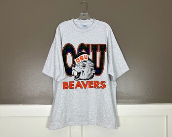 Vintage OSU T-Shirt, 1990s Oregon State Beavers Graphic Tee, Single Stitch, Heather Gray, Size Extra Extra Large (2XL)