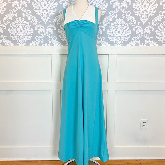 1970s vintage turquoise maxi gown dress | medium