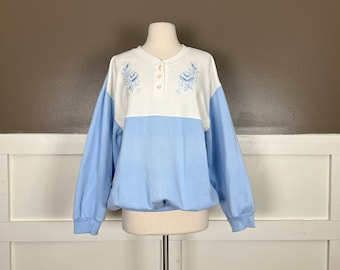 Vintage Fairy Kei Sweatshirt, Pastel Baby Blue, Embroidered, Womens Plus Size Sweatshirt, Extra Large (XL)