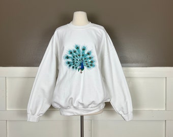 Vintage Peacock Sweatshirt, White, Gildan Ultra Blend Heavyweight Pullover, Size Extra Large (XL)